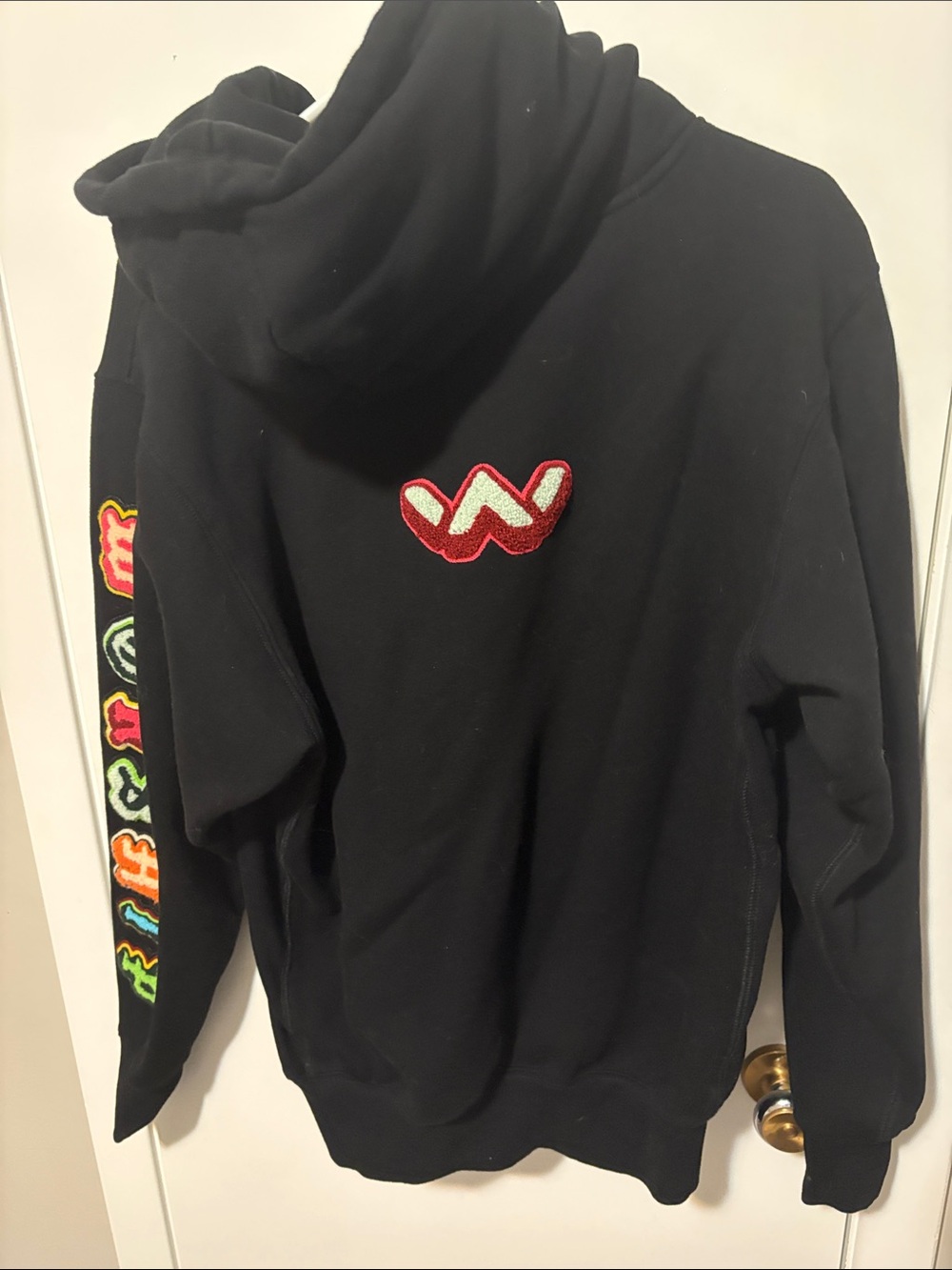 Black worship Hoodie with Colorful Appliqué Letters and Pink Drawstrings - Picture 4 of 5